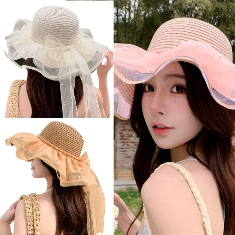 Elegant Sun Hat For Women Paper Straw Breathable And Foldable Lace Bowknot Wide Brims Panama Hat for Camping Travel