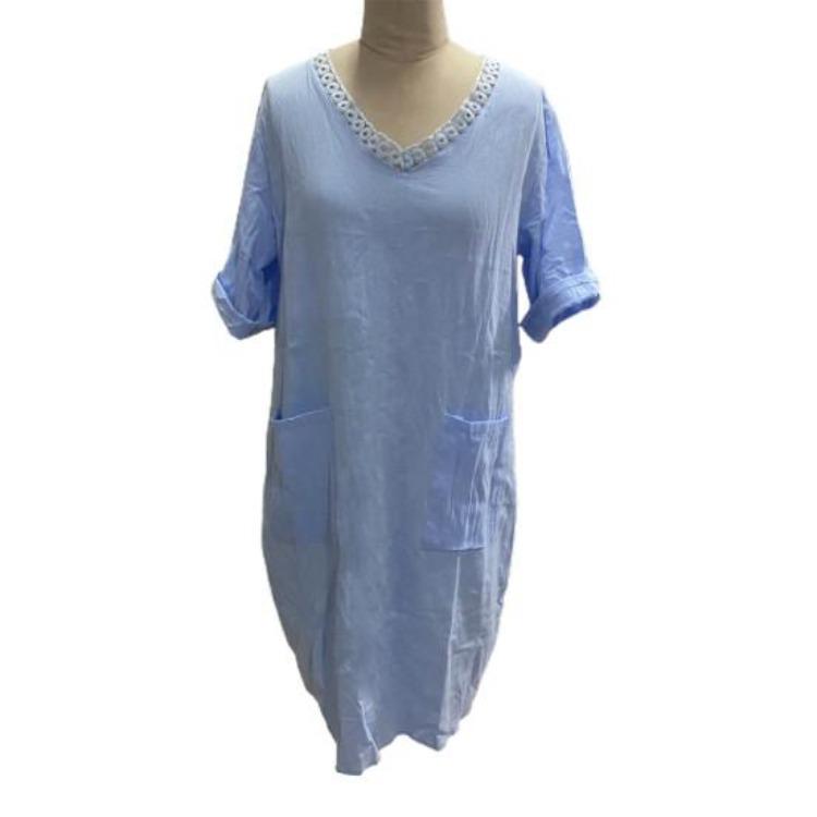 Summer Casual Dress V Neck Short Sleeves High Waist Midi Loose Knee Length Daily Wear Solid Color with Side Pockets