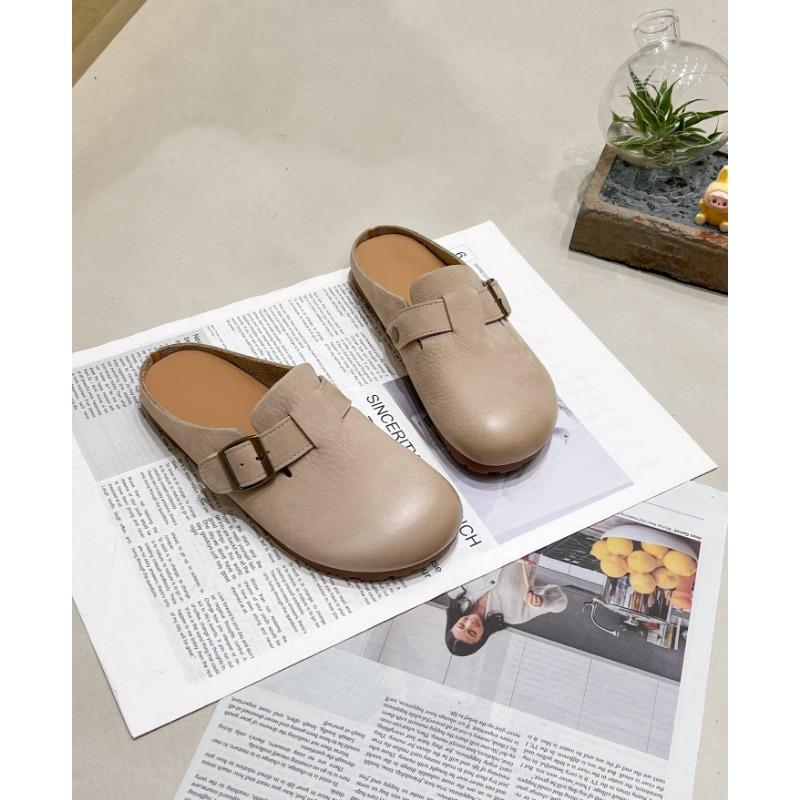 Cowhide bag head slippers women wear flat-bottomed retro lazy half-drag spring and autumn new soft-soled shoes