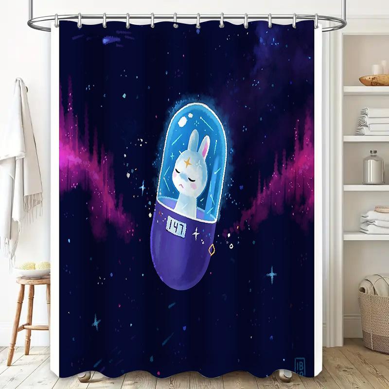 Cute Rabbit Space Galaxy Bathroom Shower Curtain Set Starry Sky Home Decor Kids Room Teen Boy Girl Washroom Backdrop