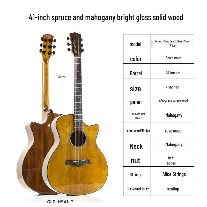 41-inch Spruce Top Acoustic Guitar - Bright Finish, Beginner Friendly, Wooden Design