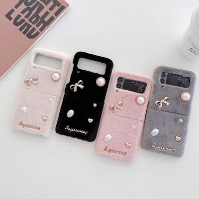Samsung Z Flip 4 Kılıf için 3d İnci Yay Katlanır Telefon Kılıfı Samsung Z Flip 3 5g Zflip4 Kış Peluş Darbeye Dayanıklı Sert Arka Kapak