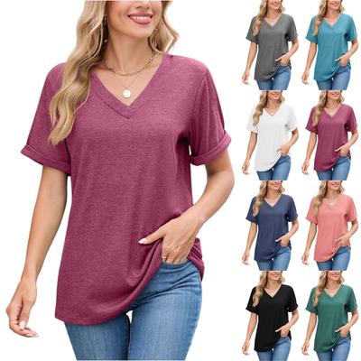 Women's Fashion Color V,neck Short Sleeved Loose Fitting Pullover T,shirt Top