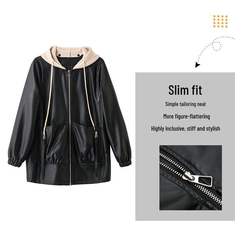 2024 Autumn Women's Fashion Detachable Hooded Knitted Leather Jacket WA8602