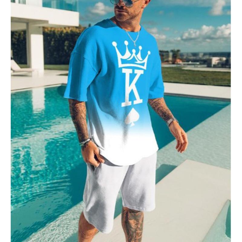 Summer Men Sets 3D Print Letter K Short Sleeve T Shirt Shorts Tracksuit O-neck Men's Suit 2 Piece Causal Man Clothes Sportswear
