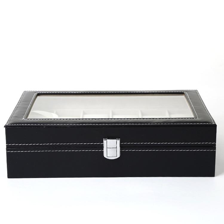 Schwarze Leder-Uhrenaufbewahrungsbox mit 12 Fächern und Perforationsmuster