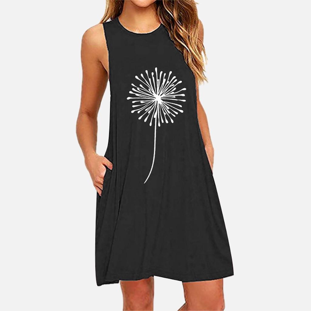 

Fashion Womens Pocket Dandelions Printing Sleeveless Casual Nightdress Dresses XXXL чёрный