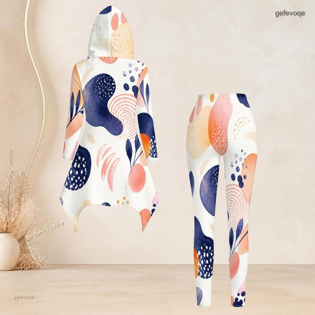 Women Plus Size Multicolor Printed Hooded Long Sleeve High Low Top Fitted Pants Two Piece Set