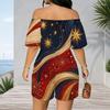 Women Plus Size Off Shoulder Short Sleeve Romper Abstract Liquid Marble Swirl Print Casual Jumpsuit Shorts