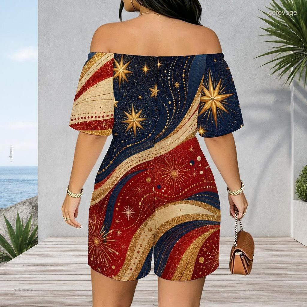 Women Plus Size Off Shoulder Short Sleeve Romper Abstract Liquid Marble Swirl Print Casual Jumpsuit Shorts