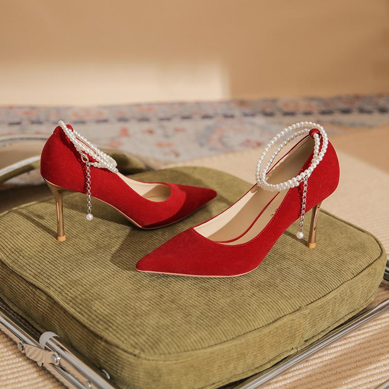 86109 high heels women's thin heels spring 2025 new pointed red Xiuhe wedding shoes pearl strap single shoes