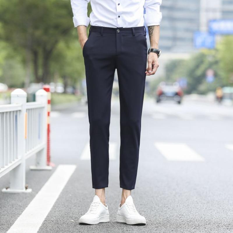 Autumn Winter Men's Casual Pants Stretch Slim Nine-point Pants Korean Trendy Black Suit Pants