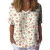 Women T-shirt V-neck Short Sleeve Flower Printed Tee Shirt Loose Fit Dropped Shoulder Sleeve