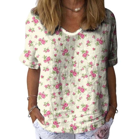 

T-shirt V-neck Short Sleeve Flower Shirt Loose Printed Tee Fit Dropped Shoulder Sleeve Quick-Drying Soft S