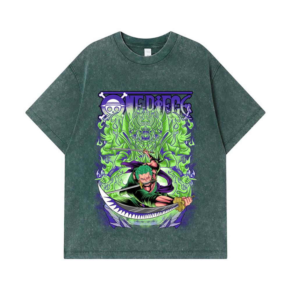 275 GSM Washed T-shirts 100% Cotton One Piece V9 Zoro Print Unisex Heavy Cotton T Shirt