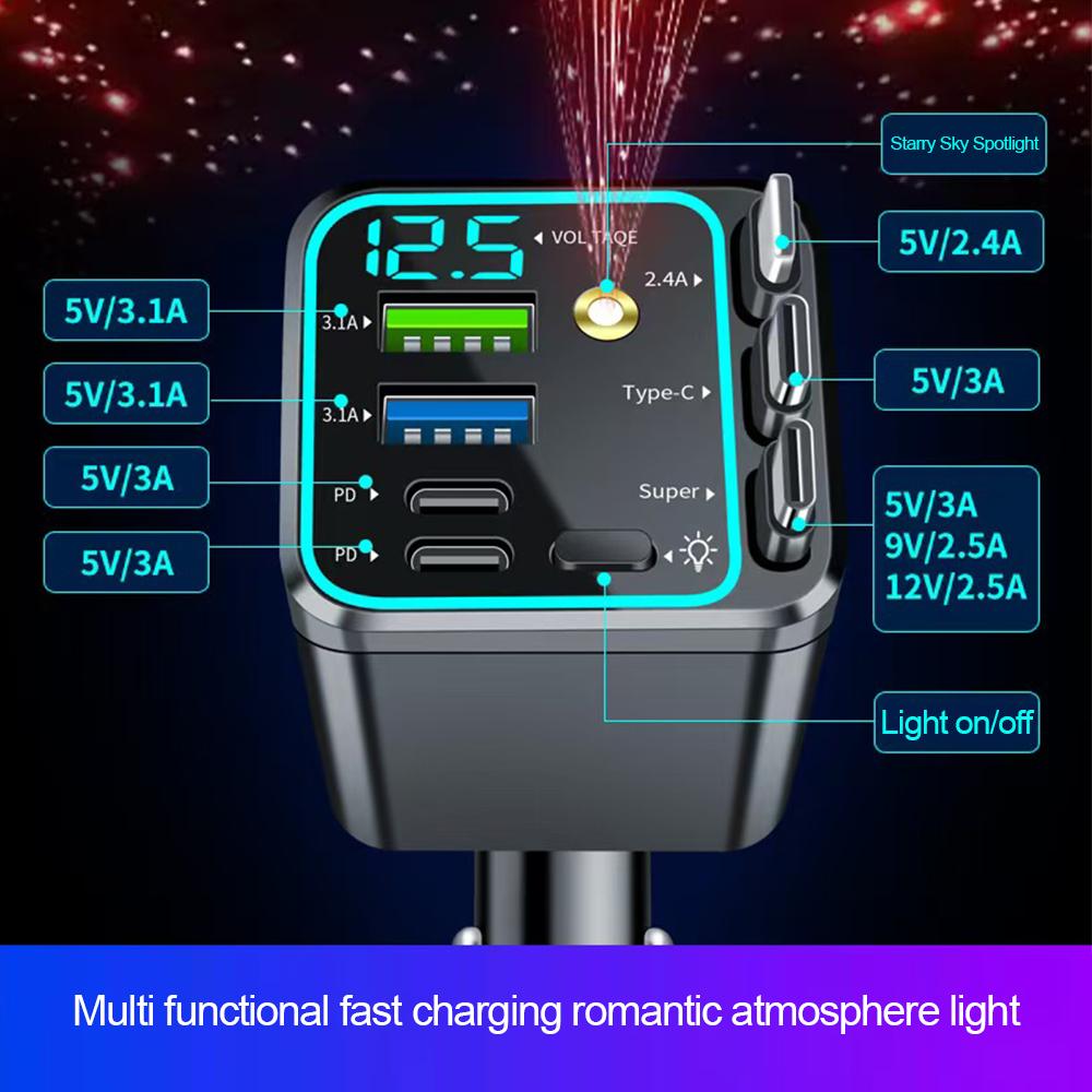 7-IN-1 Car Charger Retractable Type C Cable Fast Charge Cigarette Lighter Adapter Type C USB Charger For IPhone Huawei Samsung