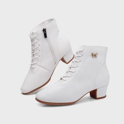 Damskie Miękkie Skórzane Buty High-Top do Tańca Kwadratowego z Niskim Obcasem na Jesień/Zimę do Tańca Towarzyskiego