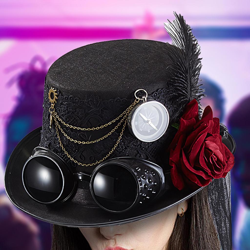 Steampunk Hat Men Gothic Style Punk Hat Costume Headgear With Rose Removable Goggles Chain For Men Movie Props Cosplay Halloween