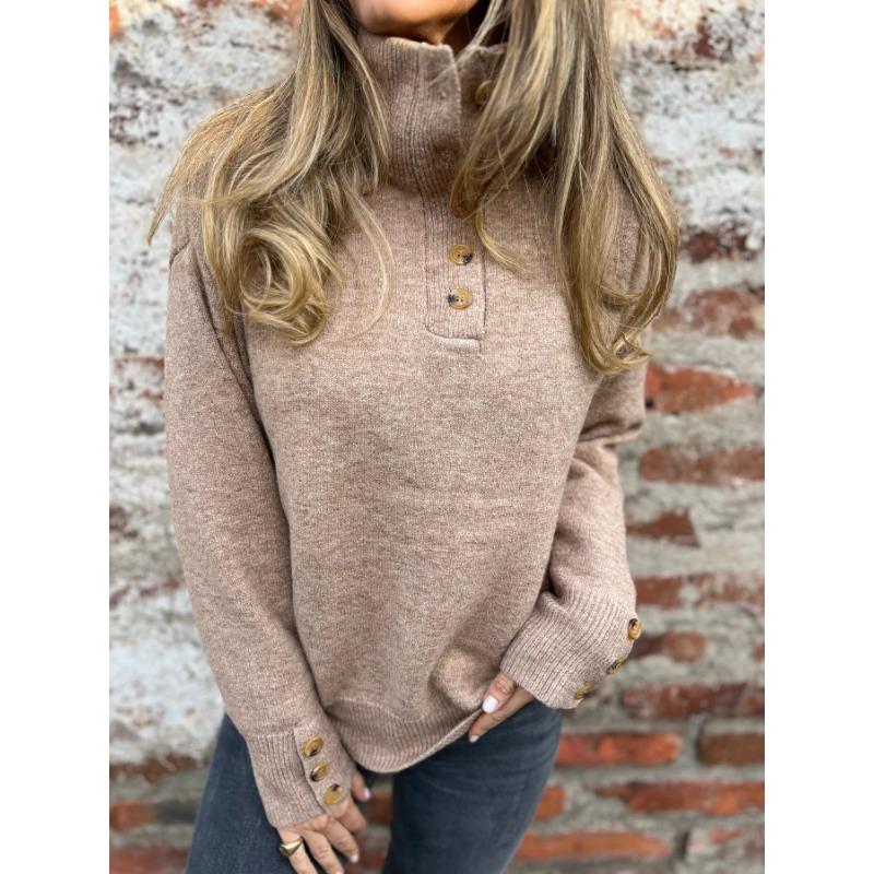 Autumn and Winter Stand Up Knitted Sweaters Solid Color Button Casual Loose Women's Sweaters
