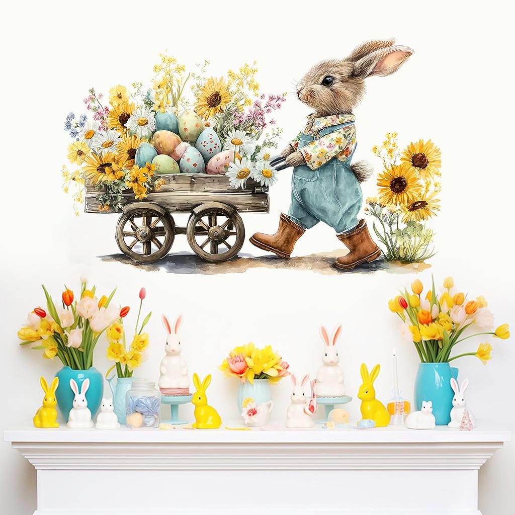 Retro-Ölgemälde-Stil Osterei Cartoon-Hase Wandaufkleber Hintergrundwand-Dekorationsaufkleber