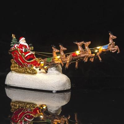Weihnachtsdorf-Dekoration, Weihnachtsmann-Schlitten und Rentier, Sammlerfigur, beleuchtet, mit Musik, für den Innenbereich, Weihnachtsdekoration, Geschenk
