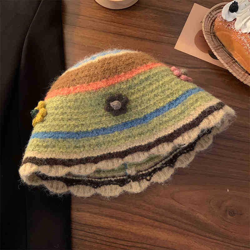 Sweet Flower Knitted Bucket Hat Women's Autumn and Winter Washbasin Hat Big Head Circumference Wool Hat Tide