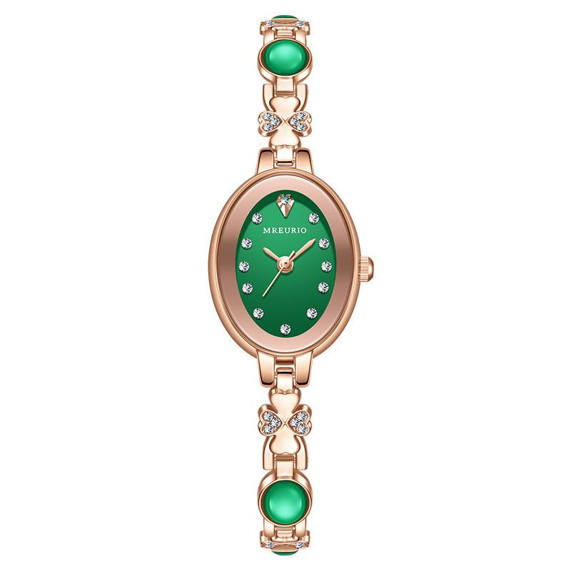 Elegant Ladies Watch With Green Gemstone Dial Quartz Movement For Casual Wear