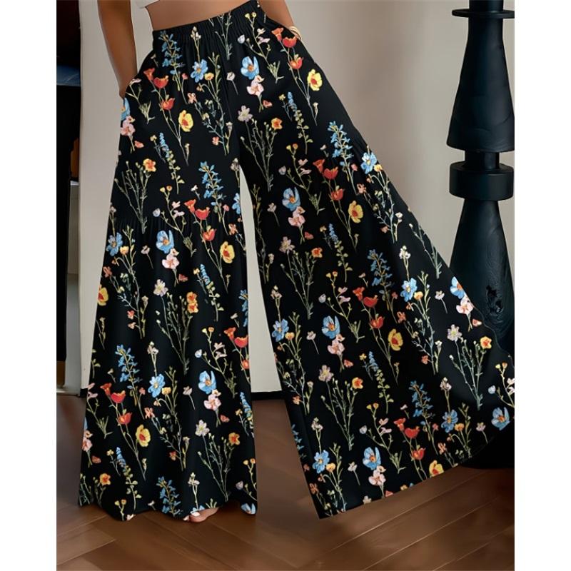Pantalon Floral d'Été pour Femme, Taille Haute, Ample, Fin, Jambe Large, Élégant, Amincissant, Pantalon Droit Polyvalent