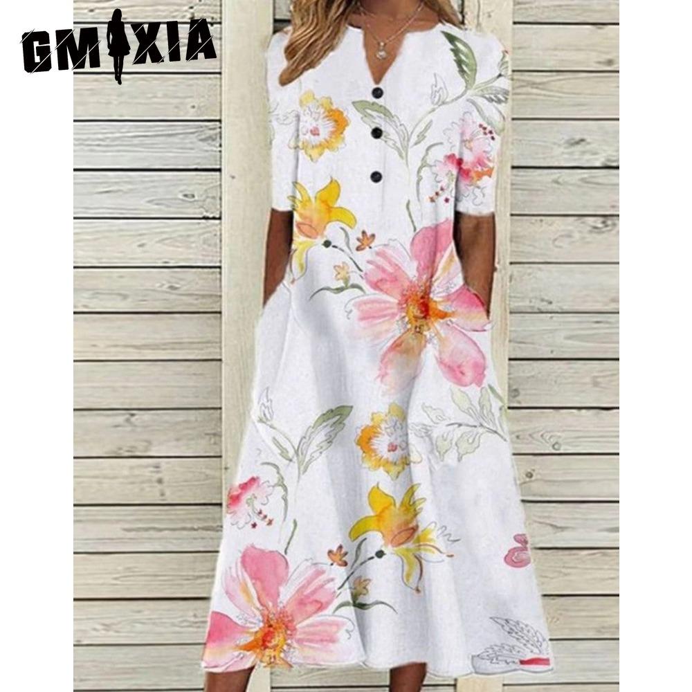 

GMXIA Элегантные женские платья с V-образным вырезом, коротким рукавом, на пуговицах, вечернее платье, женское летнее винтажное платье с принтом, повседневные свободные цветочные женские платья XXXL