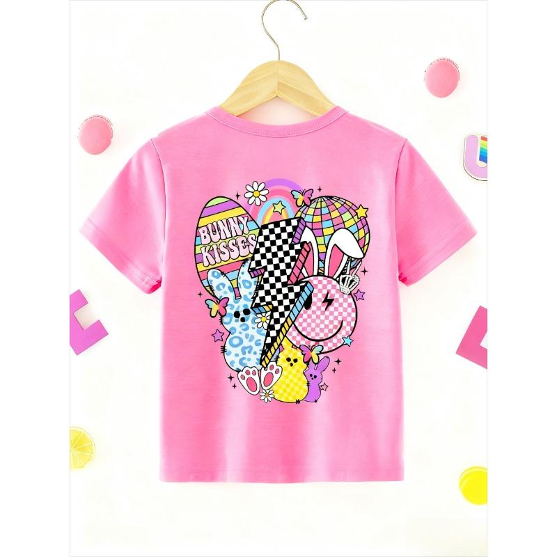 Girls' Cute Panda Climbing Tree Printed T-shirt - Soft Pink Short-sleeve Crew Neck Top, Breathable Knitted Fabric for Spring
