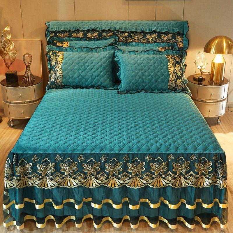 3pcs Luxury High-end Lace Fitted Sheet Set, Soft Comfortable Breathable Solid Color Clip Cotton Bedding Bed Skirt Style Mattress Protector Set