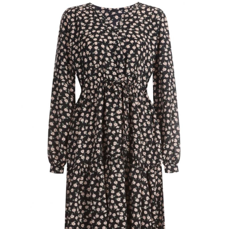 Shop Women V Neck Waist String 2 Tier Ruffle Floral Long sleeVe Maxi Dress Thu