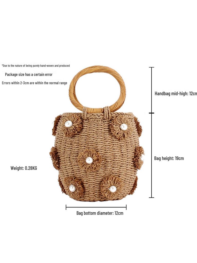Handcrafted Fashion Bucket Bag: Pearl & Flower Woven Paper Rope Design