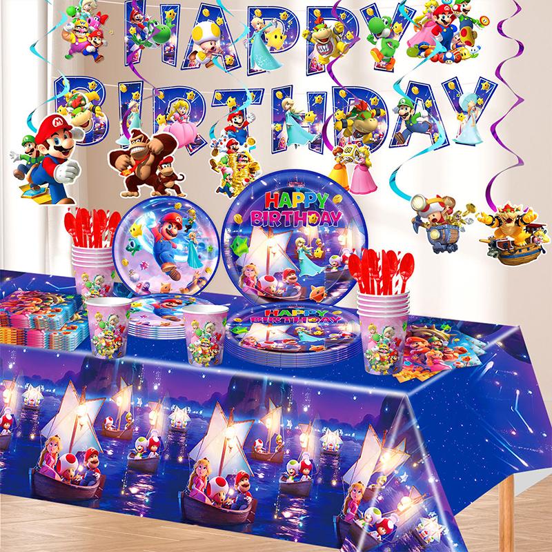 Anime Super Mario Bros Geburtstagsparty Dekoration Mario Luigi Einweggeschirr Tischdecke Serviette Teller Geschenktüte Partyzubehör