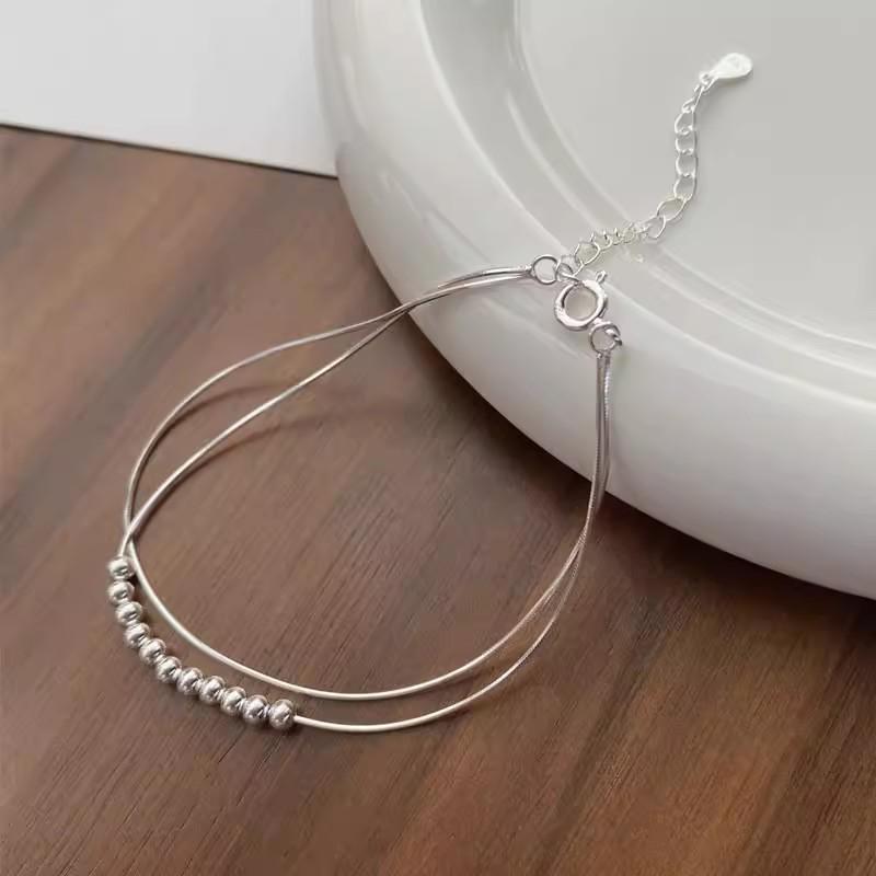 Women s Double-Layer Silver Bead Snake Chain Bracelet - Geometric Round Beads with Modern Design