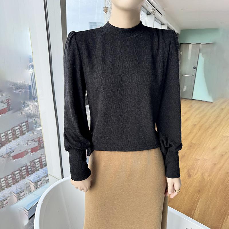 

A New French Retro Semi-high-neck Knitted Sweater for Autumn and Winter, Featuring Lantern Sleeves and Jacquard Loose, Slimming Base Layer XXL кавовий