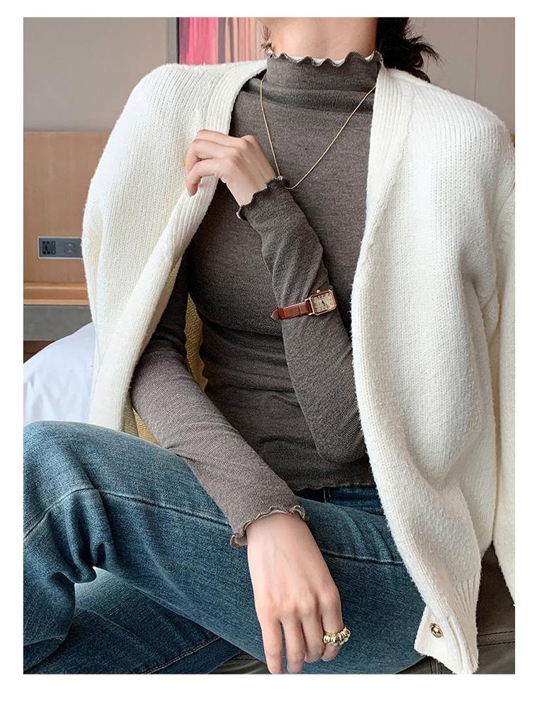 H360 Women's Lace Knit Ruffle High Neck Slim Fit Base Layer for Autumn/Winter