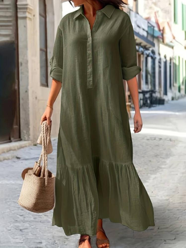 Cotton Linen Long Irregular Dress Shirt Lapel Button Casual Dress Comfy Loose Daily Wear