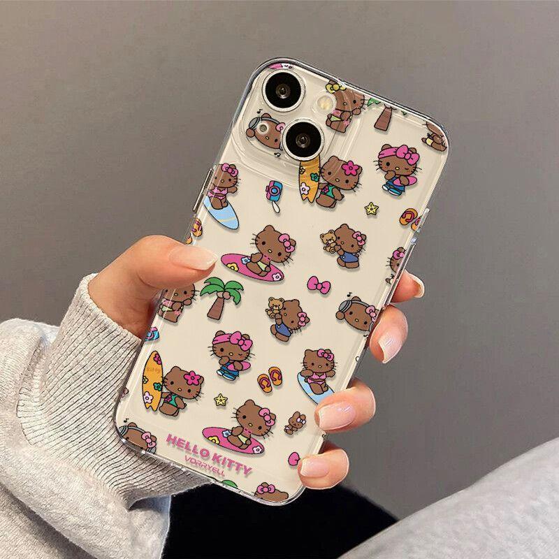 Cute Black Skin Surfing Kitty iPhone Case For iPhone 16 15 14 13 12 11 Pro Max XR XS MAX 78PLUS MINI INS Transparent Cover