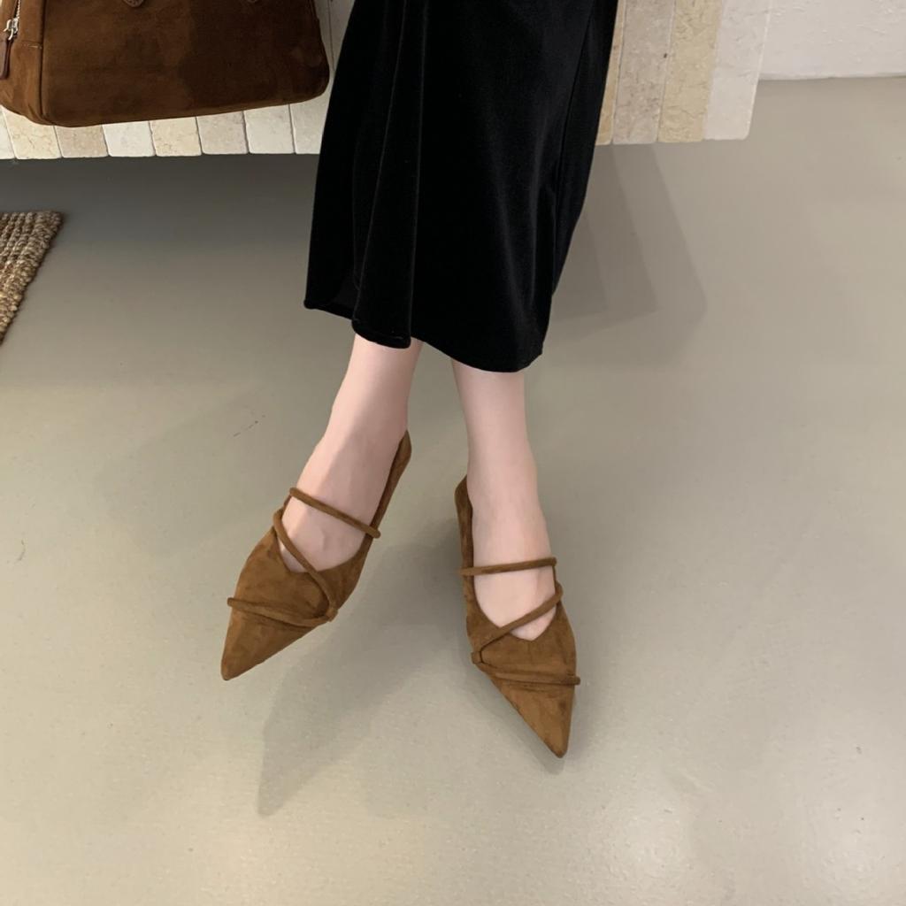 2025 autumn and winter new pointed head shallow mouth suede thin heel foot cover versatile commuter work women's shoes