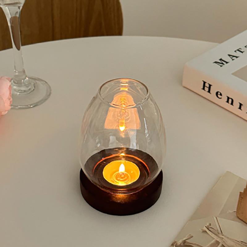 Glass Candlesticks With Cup Cover Transparent Round Candle Holders Home Decor With Wood Base Table Decoration Ornaments Wedding