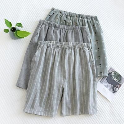 Yeni yaz erkek pijamaları %100 pamuklu gazlı bez şort Japon ekose plaj pantolonu büyük beden rahat beş puan ev pantolonu pijama