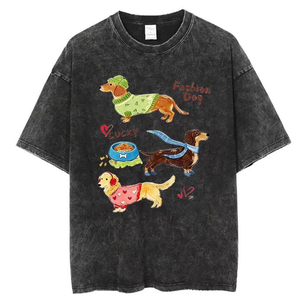 

Dachshund Dog Graphic Washed T Shirt Women Cartoon Puppy Print Tee Vintage Harajuku Streetwear Casual Short Sleeve Unisex Tops S