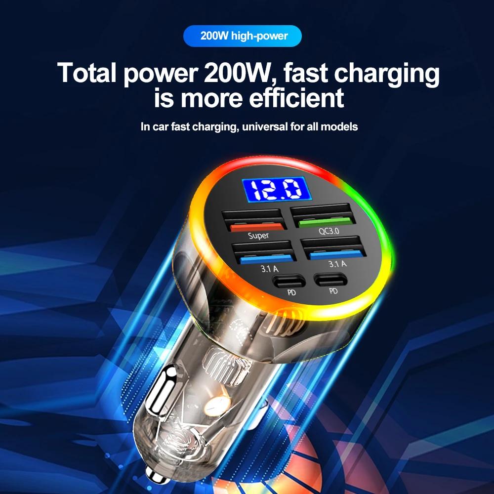 QC 3.0 6 Ports 12-24V PD Car Charger USB Super Fasting Chargeing with LED Digital Display Adapter For Universal Type-C Charger