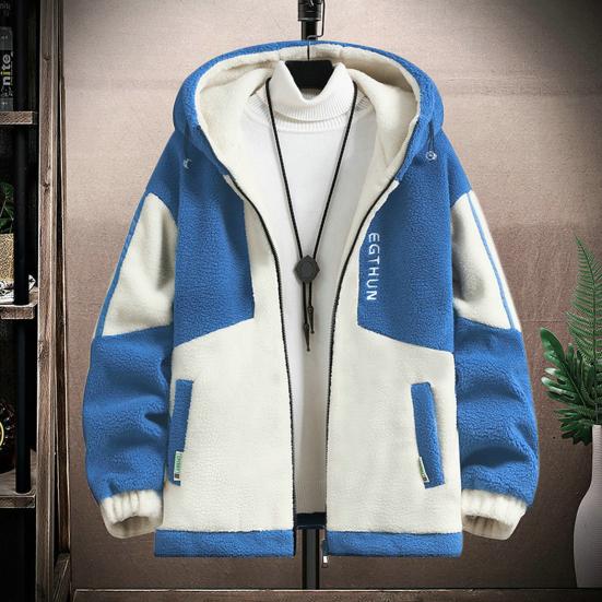 Fall Winter Men Jacket Colorblock Hooded Zipper Closure Cardigan Thick Plush Letter Decor Warm Long Sleeve Pockets Cold Resistant Men Coat