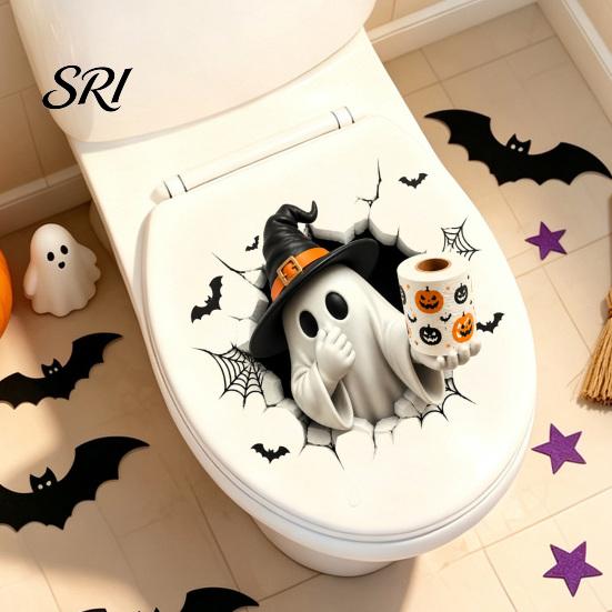 Autocollants de Couvercle de Siège de Toilette Halloween Accents de Maison Salle de Bain, Décor Festif Fantôme Squelette Fissure 3D Effrayante pour Invités Autocollants de Couvercle de Réservoir, Imperméable
