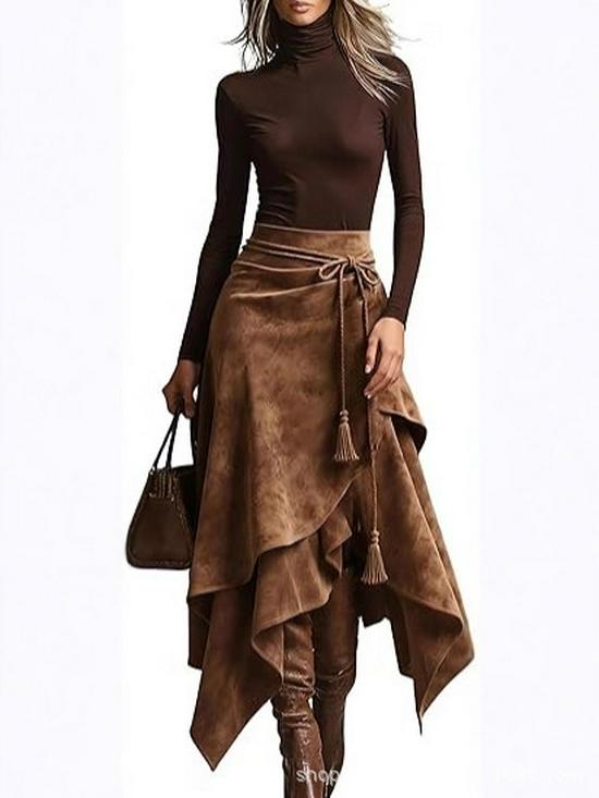 Fustă Retro din Piele de Cămilă pentru Femei cu Ciucuri de Pluș și Design cu Șireturi