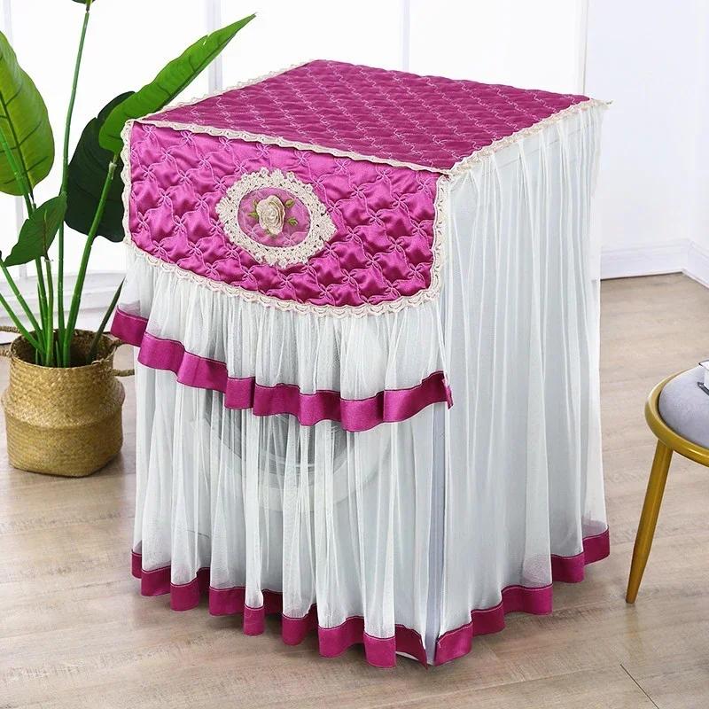 Washing Machine Cover Universal Washing Machine Cover with Roller and Wave Wheel Upflip Washing Machine Dustproof Lace Cover