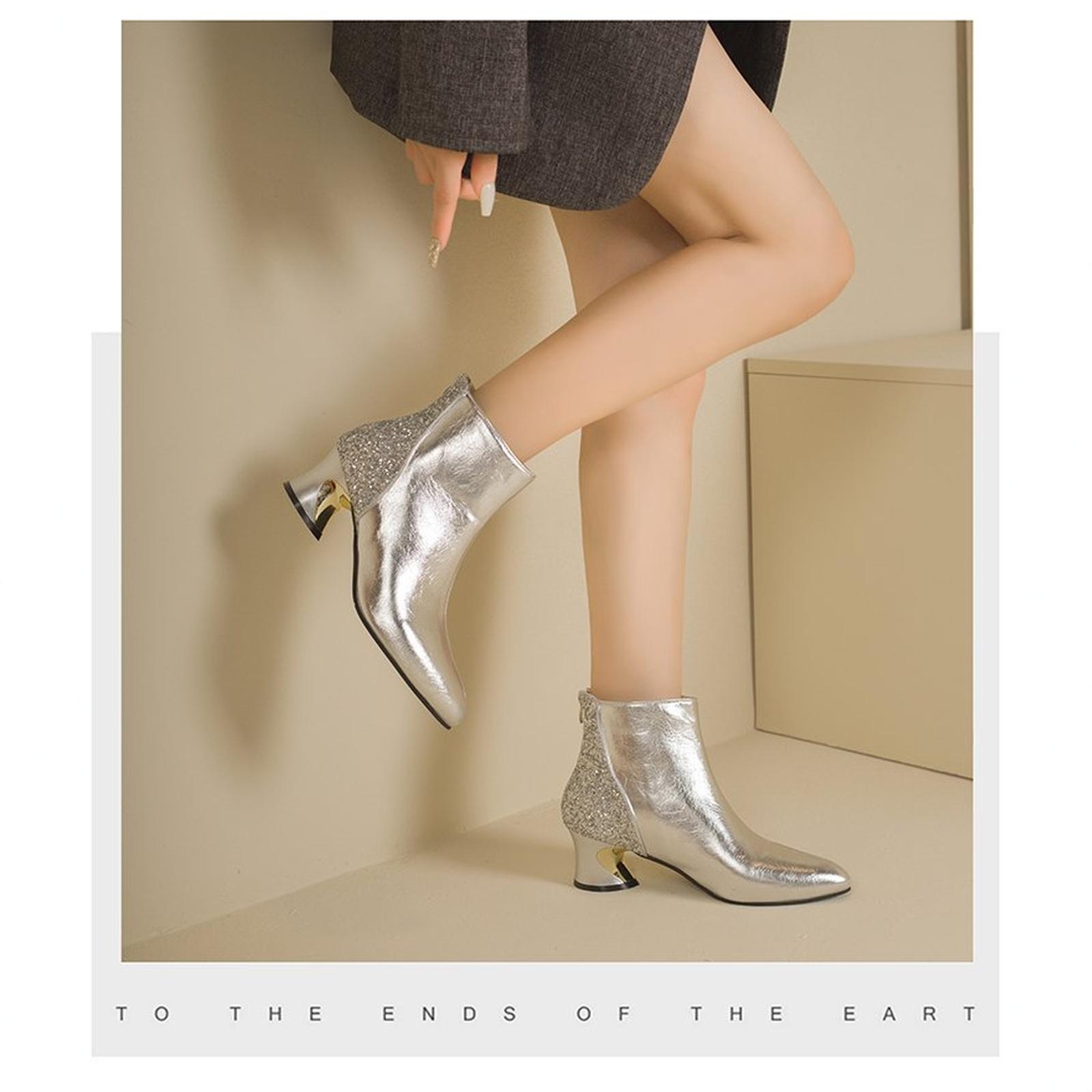 Женские зимние новые ботинки большого размера - Пограничные ботинки на массивном каблуке с острым носком и молнией 42