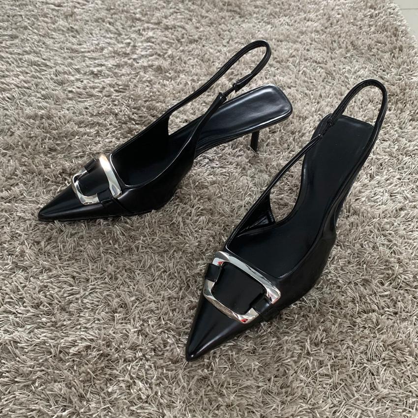 Scarpe Scarpe Nere in Pelle Donna Scarpe con Tacco Slingback Punta Acuta Tacchi Alti Stiletto Sexy Scarpe da Festa Tacchi Donna